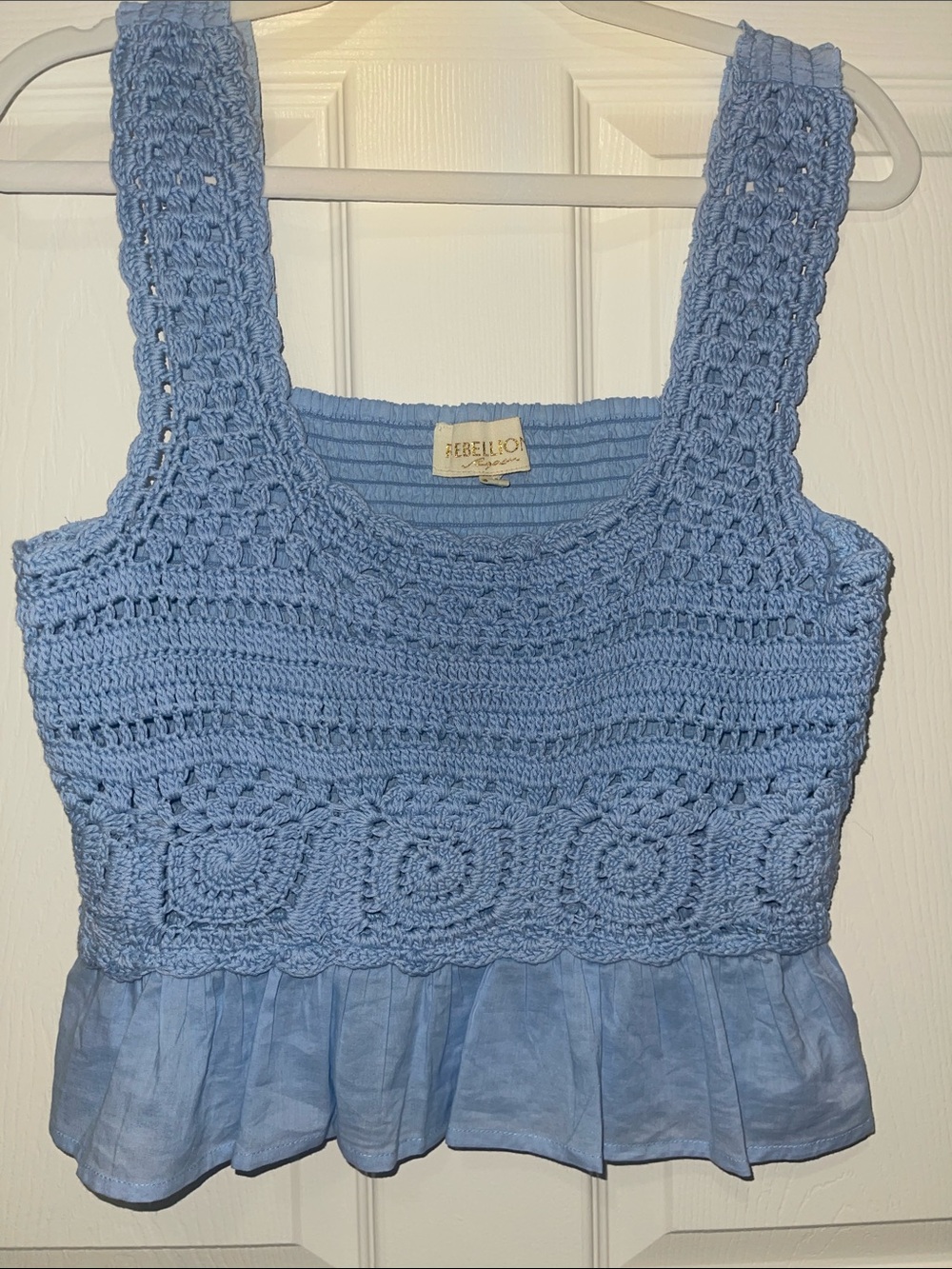 Rebellion Light Blue Crochet Peplum Tank Dress